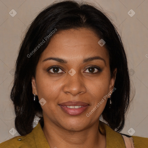 Joyful black young-adult female with medium  brown hair and brown eyes