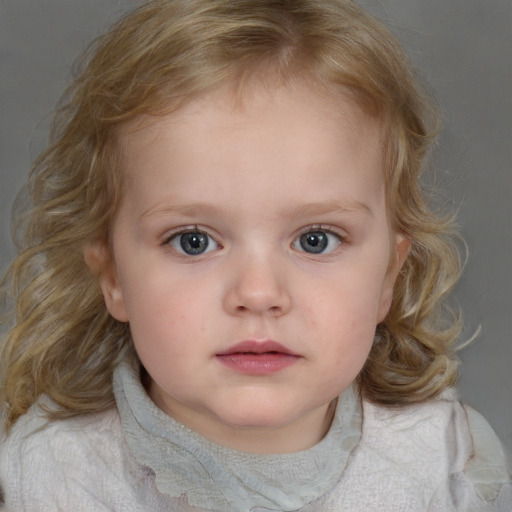 Neutral white child female with medium  brown hair and blue eyes