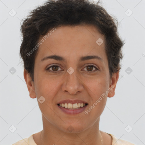 Joyful white adult female with short  brown hair and brown eyes