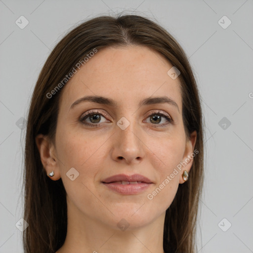 Joyful white young-adult female with long  brown hair and grey eyes