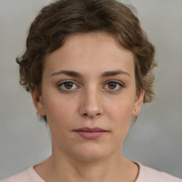 Neutral white young-adult female with short  brown hair and brown eyes