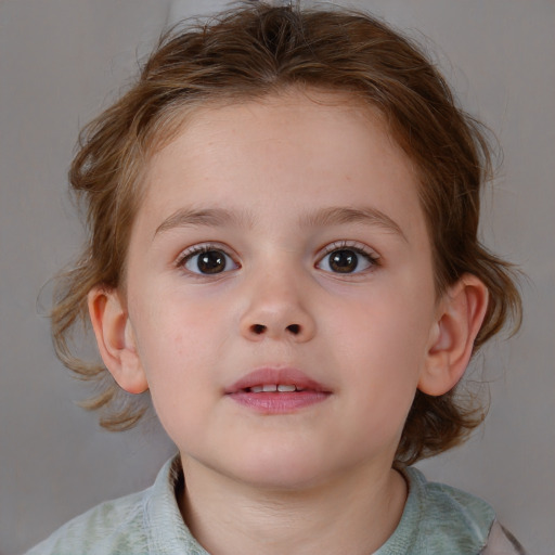 Neutral white child female with medium  brown hair and blue eyes