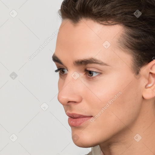 Neutral white young-adult male with short  brown hair and brown eyes