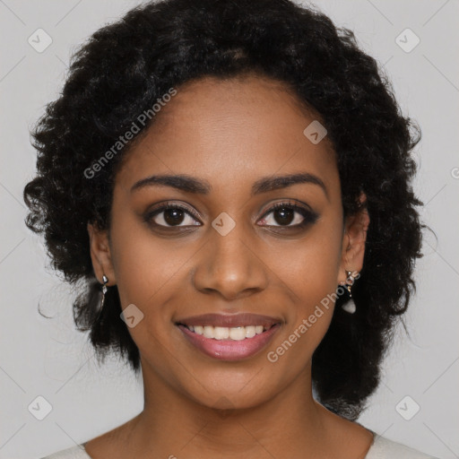 Joyful black young-adult female with medium  black hair and brown eyes