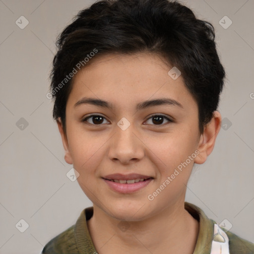 Joyful latino young-adult female with medium  brown hair and brown eyes