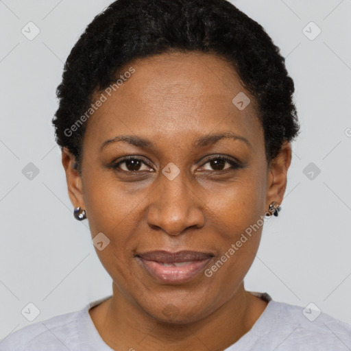 Joyful black adult female with short  black hair and brown eyes