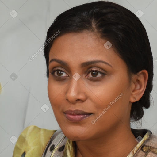 Joyful white young-adult female with medium  brown hair and brown eyes