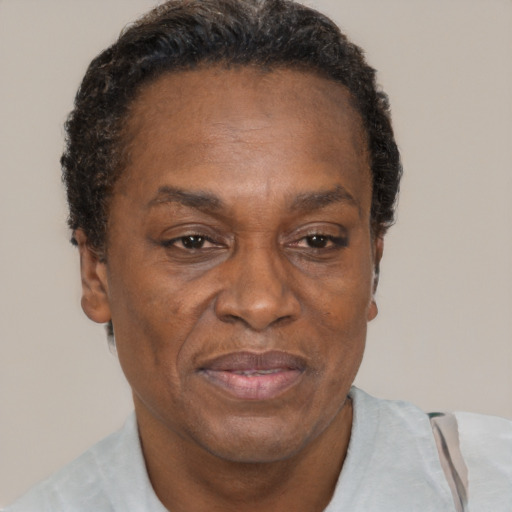 Joyful black adult male with short  brown hair and brown eyes