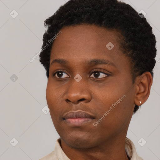 Neutral black young-adult female with short  brown hair and brown eyes