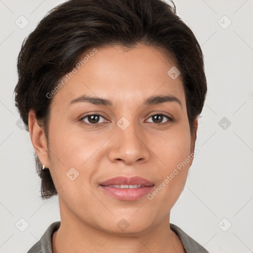 Joyful white young-adult female with short  brown hair and brown eyes