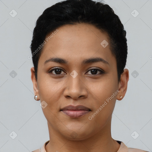 Joyful latino young-adult female with short  black hair and brown eyes