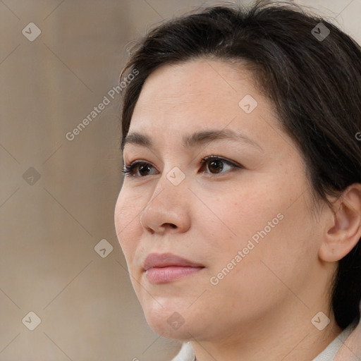 Neutral white young-adult female with medium  brown hair and brown eyes