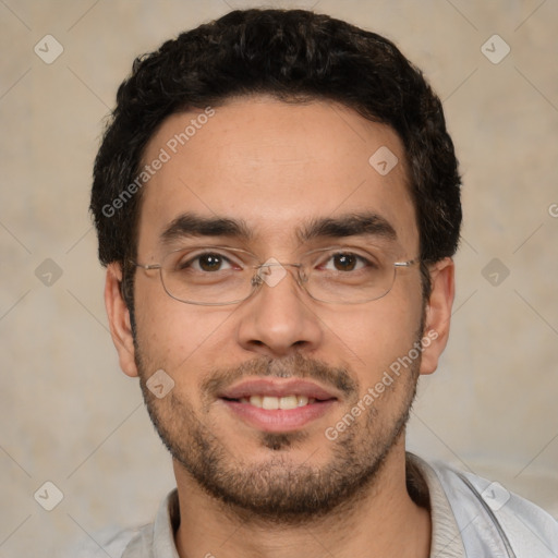 Joyful white young-adult male with short  black hair and brown eyes