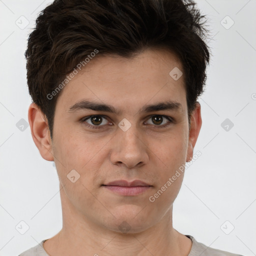 Neutral white young-adult male with short  brown hair and brown eyes