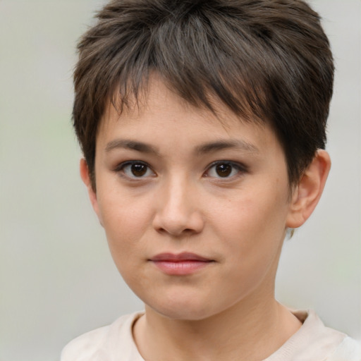 Neutral white young-adult female with short  brown hair and brown eyes