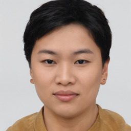 Neutral asian young-adult female with short  black hair and brown eyes