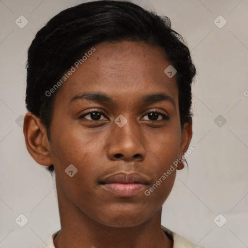 Neutral black young-adult female with short  brown hair and brown eyes