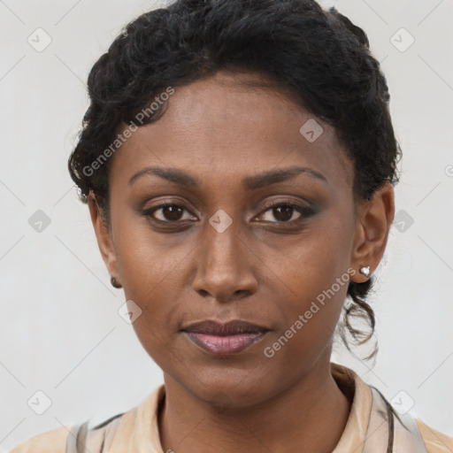 Neutral black young-adult female with short  brown hair and brown eyes