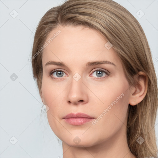 Neutral white young-adult female with long  brown hair and grey eyes