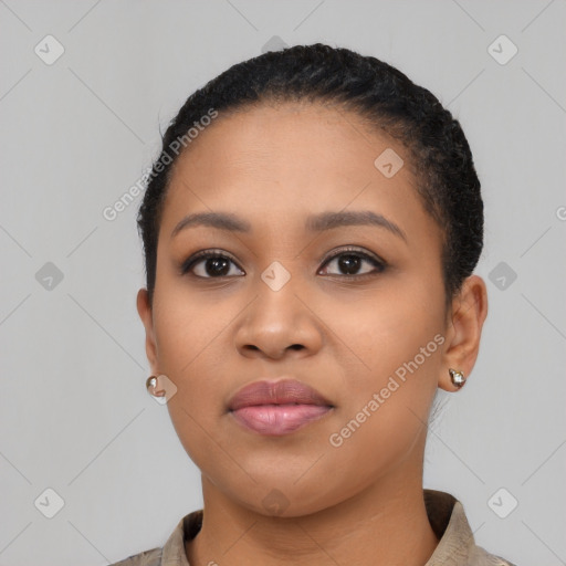 Neutral latino young-adult female with short  black hair and brown eyes