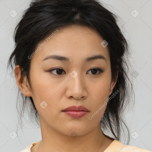 Neutral asian young-adult female with medium  brown hair and brown eyes