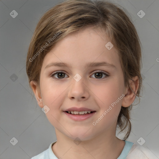 Joyful white child female with medium  brown hair and brown eyes