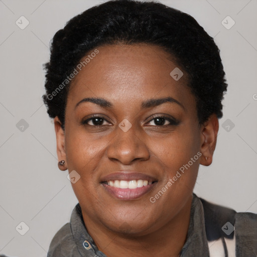 Joyful black young-adult female with short  black hair and brown eyes