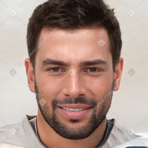 Joyful white young-adult male with short  brown hair and brown eyes