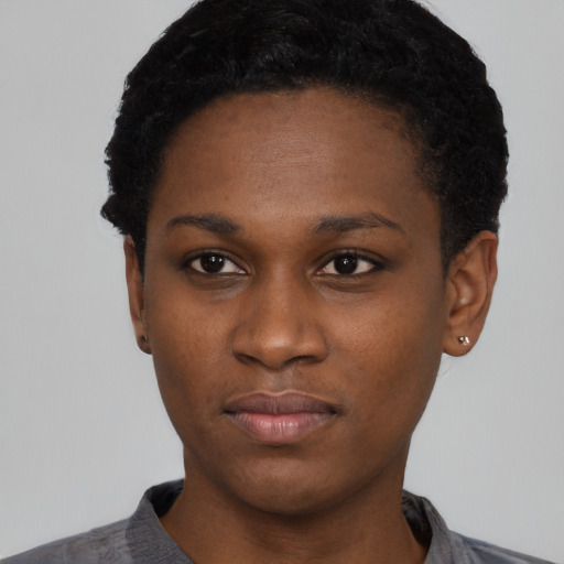 Neutral black young-adult female with short  black hair and brown eyes