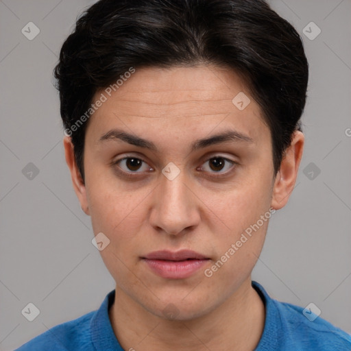 Joyful white young-adult female with short  brown hair and brown eyes