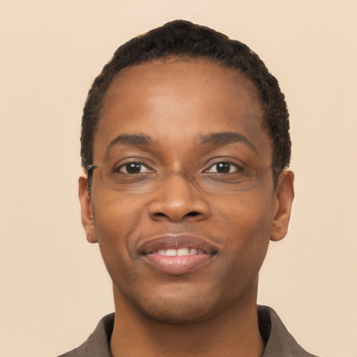 Joyful black young-adult male with short  brown hair and brown eyes