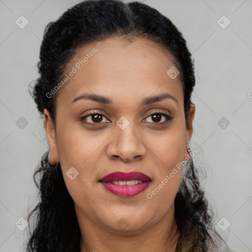 Joyful latino young-adult female with short  black hair and brown eyes