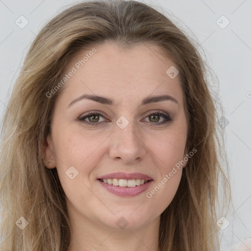 Joyful white young-adult female with long  brown hair and grey eyes