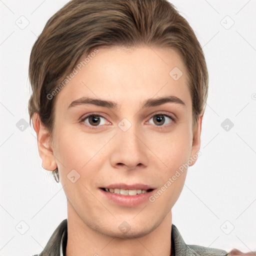 Joyful white young-adult female with short  brown hair and grey eyes