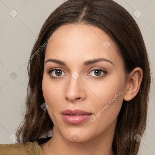 Neutral white young-adult female with long  brown hair and brown eyes