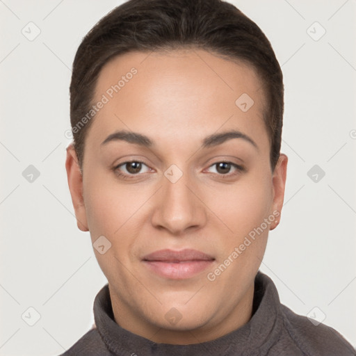 Joyful white young-adult female with short  brown hair and brown eyes