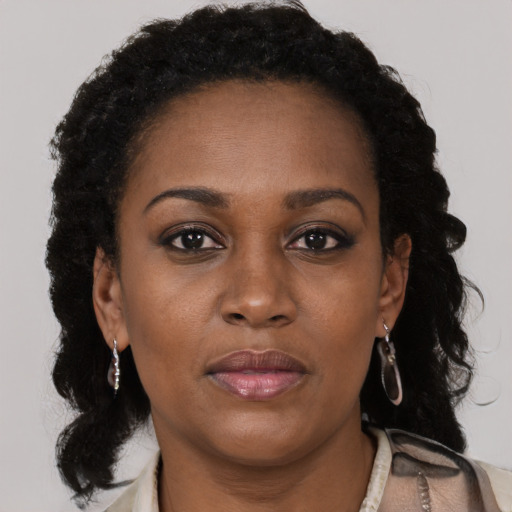 Joyful black young-adult female with long  brown hair and brown eyes