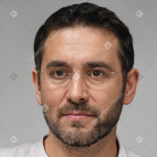 Neutral white adult male with short  black hair and brown eyes