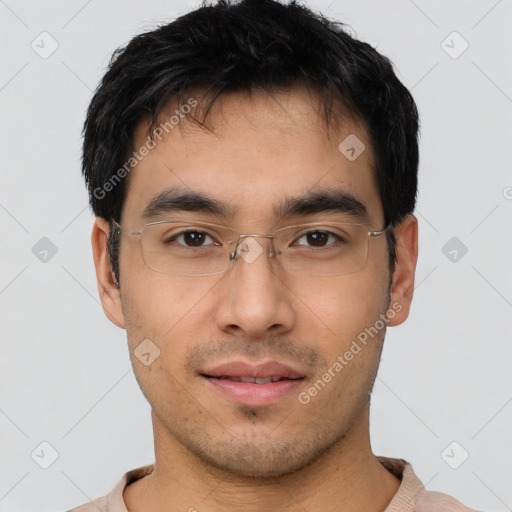 Neutral asian young-adult male with short  black hair and brown eyes