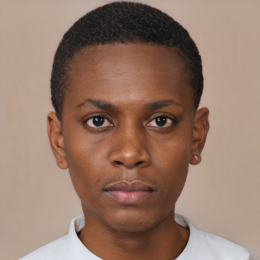 Neutral black young-adult female with short  black hair and brown eyes