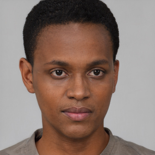 Neutral black young-adult male with short  black hair and brown eyes