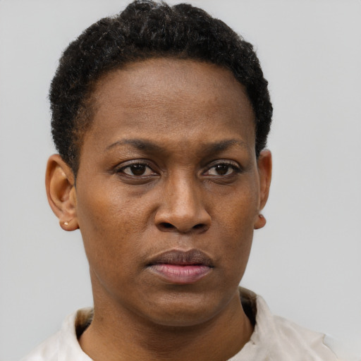 Neutral black young-adult female with short  brown hair and brown eyes