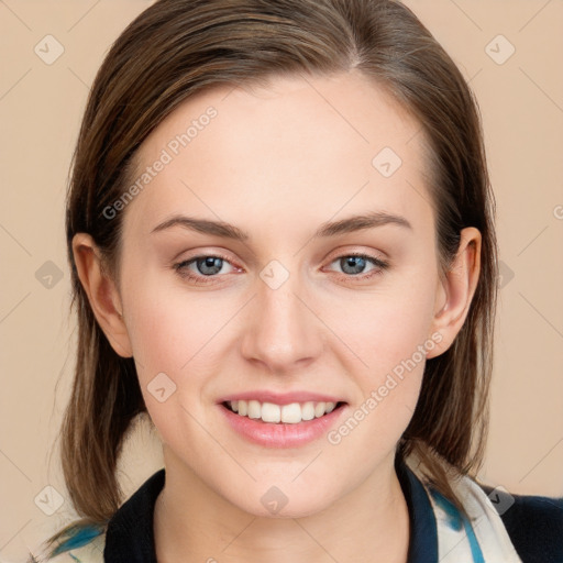 Joyful white young-adult female with medium  brown hair and blue eyes