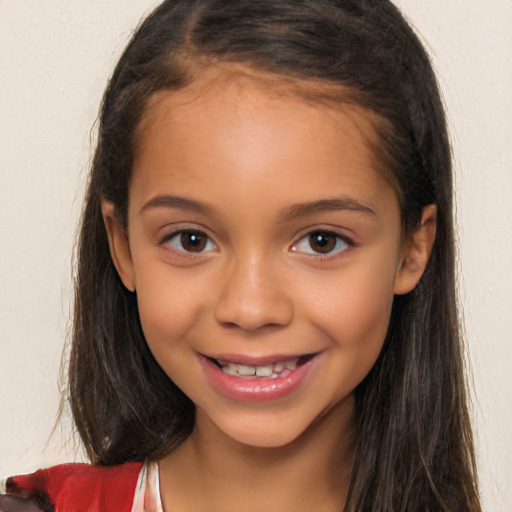 Joyful white child female with long  brown hair and brown eyes