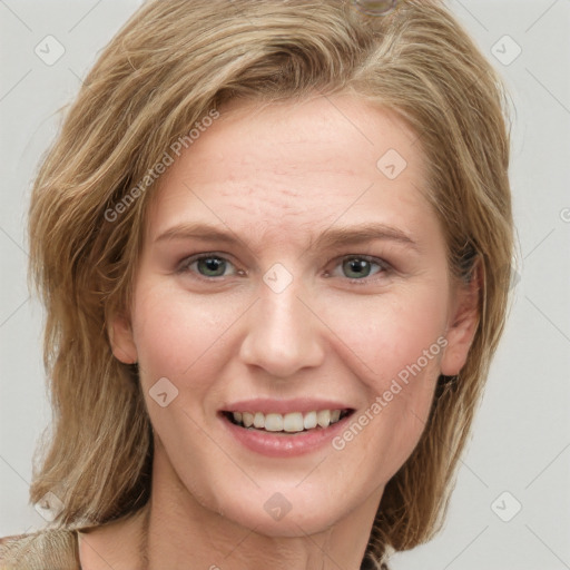 Joyful white young-adult female with long  brown hair and blue eyes