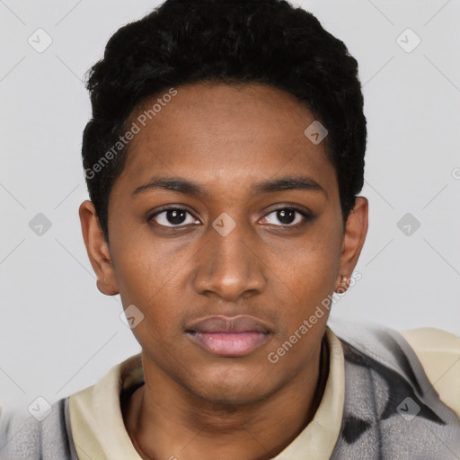 Neutral black young-adult male with short  black hair and brown eyes