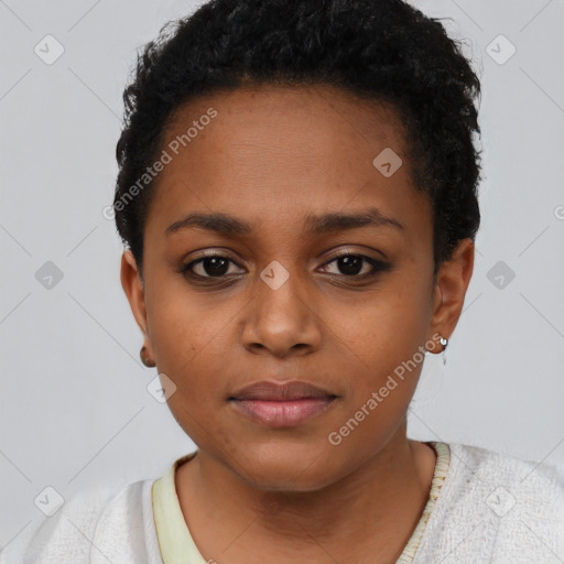 Neutral black young-adult female with short  brown hair and brown eyes