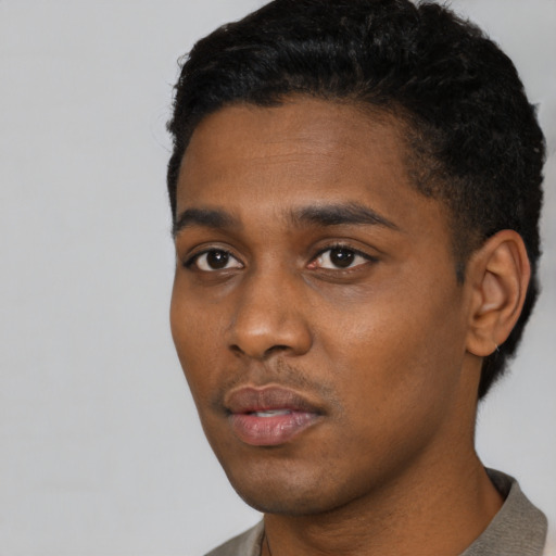Neutral black young-adult male with short  black hair and brown eyes