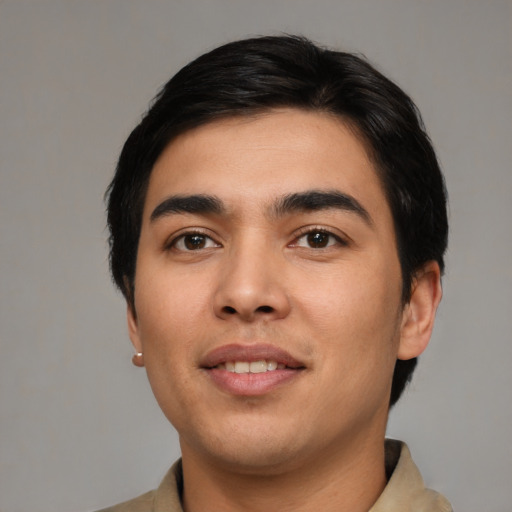 Neutral asian young-adult male with short  black hair and brown eyes