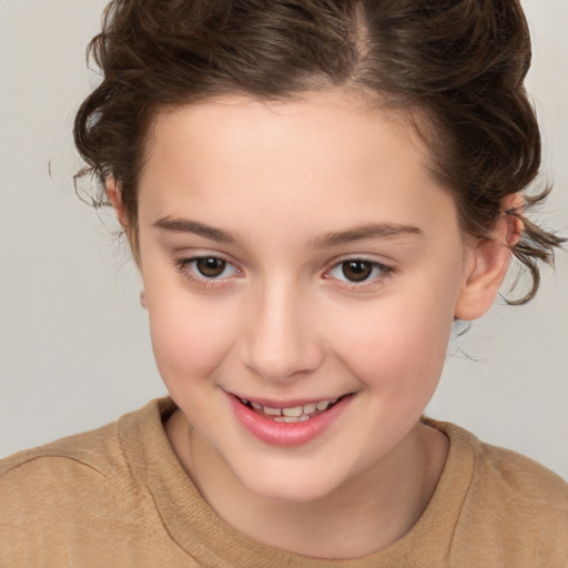 Joyful white child female with medium  brown hair and brown eyes